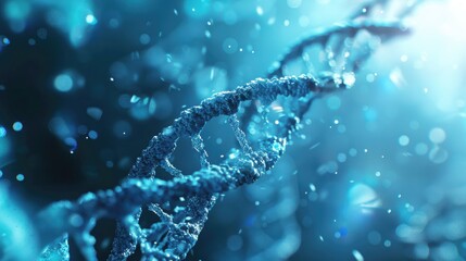 A microscopic view of a DNA strand on a soothing blue surface.