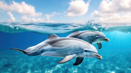 Fototapeta premium Two dolphins swimming gracefully in clear blue ocean water under a sunny sky with clouds, showcasing marine beauty and aquatic harmony.