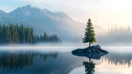 Serene mountain lake at dawn, crystal clear water, vibrant blue hues, lone pine tree on rocky island, misty forest backdrop, perfect reflection, early morning light, panoramic view, emerald green pine