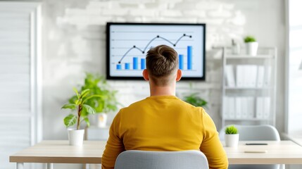 Young professional analyzing financial data on a wall-mounted screen in a modern office environment with green plants and shelves.
