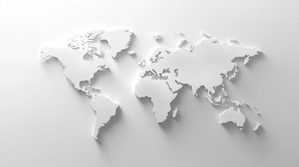 3D White World Map on White Background.