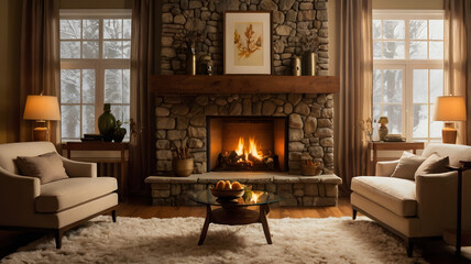 Fototapeta premium fireplace in room, ai generated