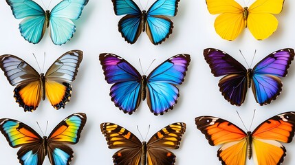 Obraz premium Vibrant multicolored butterflies, white background, copy space for text, high-contrast macro photography, diverse butterfly species, iridescent wing patterns, vivid hues of blue, green.