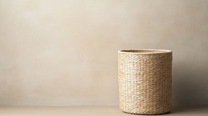 Simple cylindrical rush basket, refined minimalist design, organic texture, seamless weave, soft natural hues, understated elegance