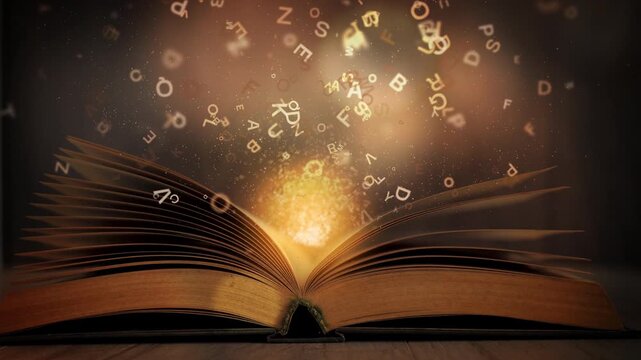 An old open magic book on a table with a bright glow and random letters flying. Educational literature in the library.