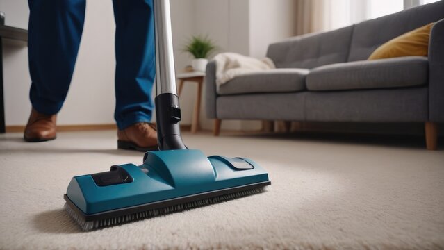 Cleaners are carrying out a comprehensive apartment cleaning, meticulously vacuuming and mopping to achieve a spotless and refreshed living space