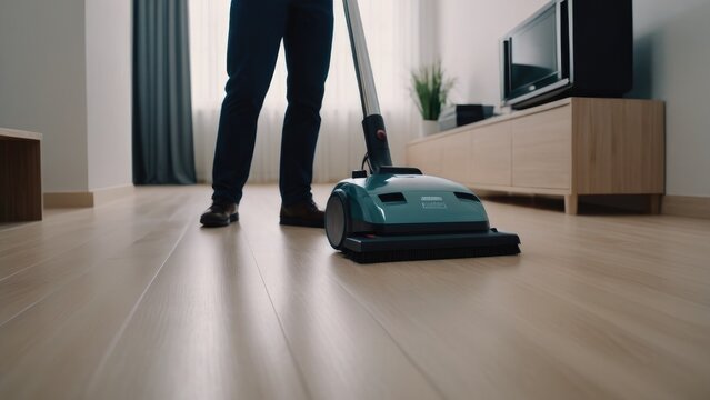 Cleaners are carrying out a comprehensive apartment cleaning, meticulously vacuuming and mopping to achieve a spotless and refreshed living space