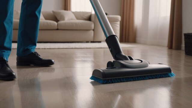 Cleaners are carrying out a comprehensive apartment cleaning, meticulously vacuuming and mopping to achieve a spotless and refreshed living space