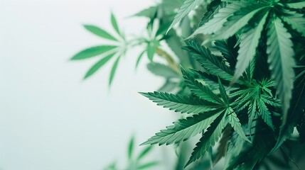 Marijuana leaves on a white background, close up top view on cannabis leaves and branches on white background for alternative medical and marketing design concept