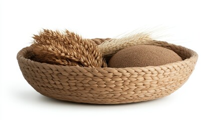 Textured basket of natural materials with fine silk overlays, isolated, white backdrop