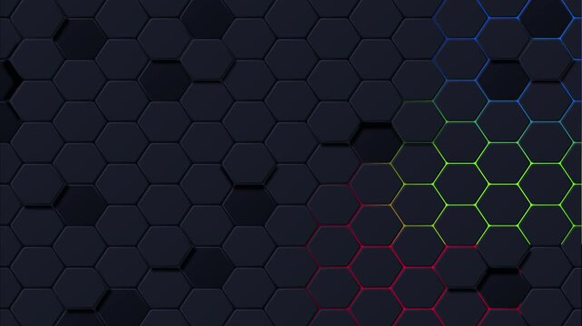 Hexagons pattern on a black background. Colored honeycombs on a dark gradient. Geometric digital shape. Vector linear structure of a wasp's nest. Black wall neon electret lines.