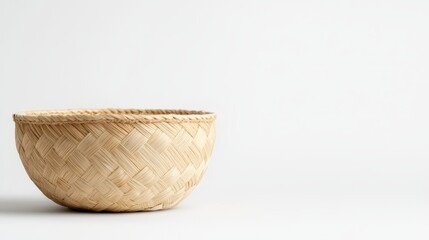 Fototapeta premium Woven basket crafted from ramie fibers, isolated against a pristine white background, showcasing intricate natural patterns and textures
