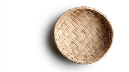 Woven basket of bamboo, finely crafted natural fibers, isolated on a clean white background, showcasing intricate weaving patterns and texture