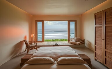 Bright Bali-Inspired Hotel Room with Minimalist Decor and Ocean View.