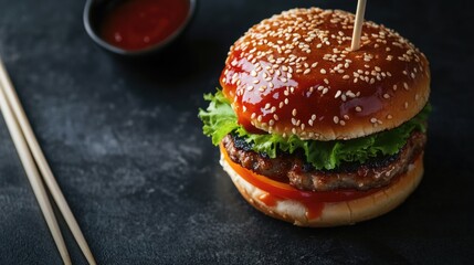 Close-up of a hearty barbecue style hamburger with toppings on wooden chopsticks, possibly for dipping. The sandwich is large and well-presented.