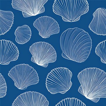 Underwater seamless pattern with seashells line art illustrations in white color on blue background. Scallop sketch, seashell line drawing. Summer ocean beach print for background, 