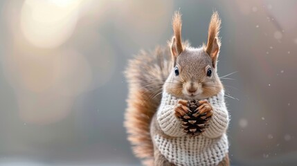 A cute squirrel in a cozy sweater holding a pine cone, surrounded by soft winter light and falling snowflakes. © Moopingz