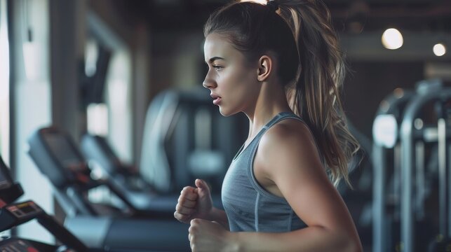 Side profile of a fit girl running on a treadmill at the gym. 