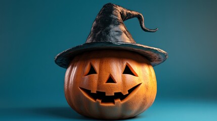 A carved pumpkin with a toothy grin wearing a witch's hat against a teal background, embodying the festive spirit of Halloween.