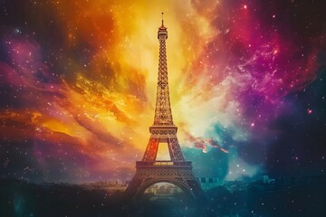 Eiffel Tower surrounded by shining colored fog, clouds, smoke, graphic resources