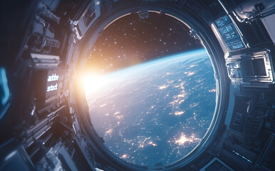Fototapeta premium View of earth from inside of a spacecraft, Ai 