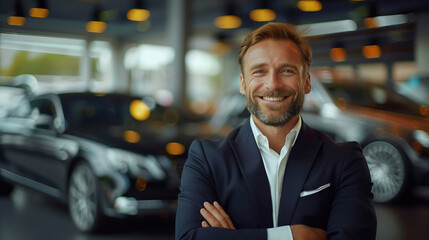 Professional Luxury Car Salesman Smiling in Luxury Showroom with Arms Crossed