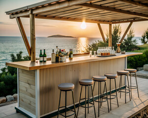 A beautifully crafted wooden bar complete with comfortable stools and an array of bottles of wine set on it, providing a stunning view of the ocean - Powered by Adobe