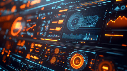 Obraz premium High-tech illustration representing AI-driven cost management in cloud computing. The image includes a futuristic control panel with AI algorithms analyzing data, cost predictions, Ai
