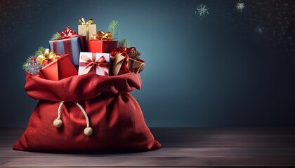 A big Santa Claus bag with lots of Christmas gifts. Copy space in image. Blue background. Red bag.

