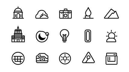 Fototapeta premium High-resolution set of line art icons with a minimalistic design, featuring black and white vector illustrations on a white background. Ideal for clean and modern visual presentations.