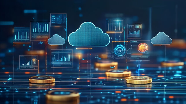 High-tech illustration representing AI-driven cost management in cloud computing. The image includes a futuristic control panel with AI algorithms analyzing data, cost predictions, Ai