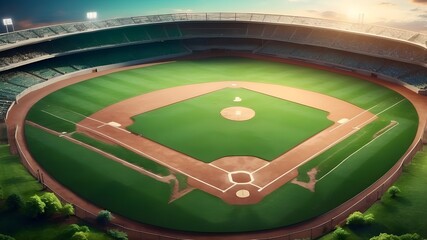 Baseball field, sport stadium with green grass playground