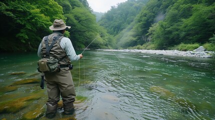 Naklejka premium Man Fly Fishing in Tranquil Mountain River in Japan Amidst Lush Greenery
