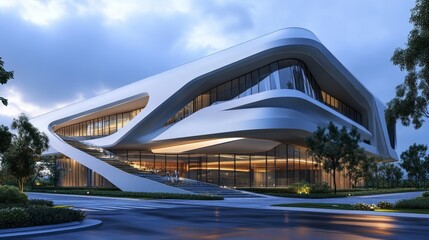 Fototapeta premium The building features unique and contemporary features, bold with clean lines and geometric shapes