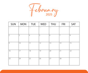 February 2025 Calendar. Vector calendar. Week starts sunday. Calendar template in minimal design