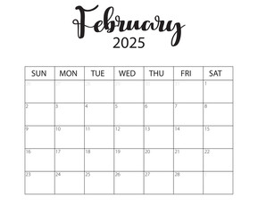 February 2025 Calendar. Vector calendar. Week starts sunday. Calendar template in minimal design