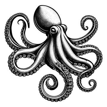 recommend clip art: octopus sea animal food with swirling tentacles and suction cups, in a classic engraving style sketch engraving generative ai PNG illustration. Scratch board imitation. Black and white image.