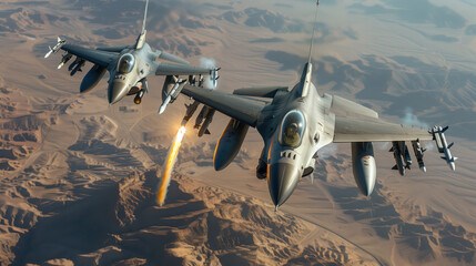 Two F-16 Fighter Jets Flying High Above the Desert Landscape