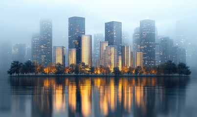 Naklejka premium Exuberant Skyscrapers with Patterned Facades, showcasing diverse sizes, minimalistic design, soft local light, high detail, and a striking two-point perspective.