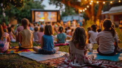 A lively scene of children and adults gathered on mats and blankets watching a movie outdoor