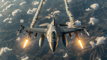 Naklejka premium Two F-16 Fighter Jets Flying High Above City with Sunset Clouds