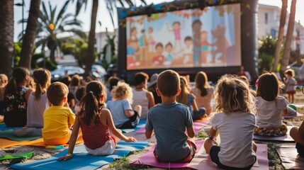 A lively scene of children and adults gathered on mats and blankets watching a movie outdoor