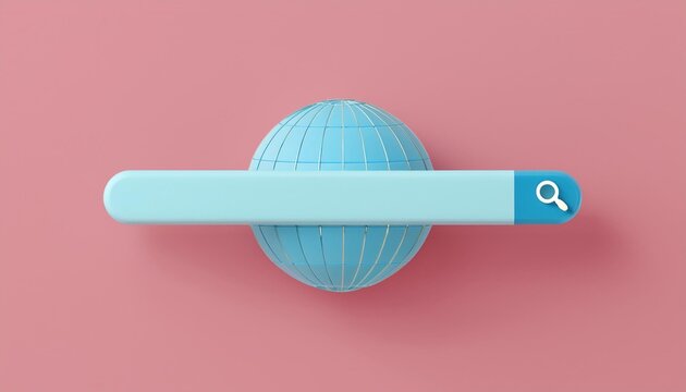 A modern globe with a search bar overlay, representing global information access and digital exploration in a vibrant pink background.