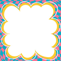 Obraz premium Wavy scallop border. Square fun wavy chessboard frame. Cartoon hand drawn shape for text picture and photo. Doodle groovy psychedelic template. Abstract funky y2k squiggle checkered bubble