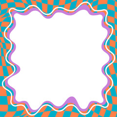 Wavy scallop border. Square fun wavy chessboard frame. Cartoon hand drawn shape for text picture and photo. Doodle groovy psychedelic template. Abstract funky y2k squiggle checkered bubble