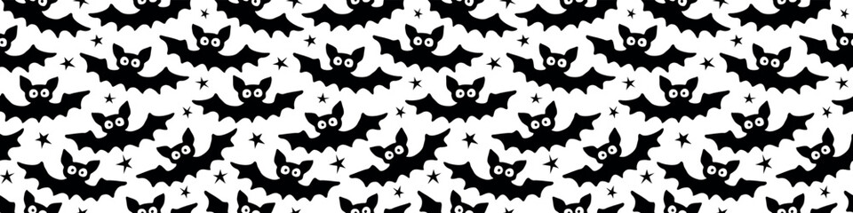 Flying bats seamless pattern. Cute Spooky vector Illustration. Halloween backgrounds and textures in flat cartoon gothic style. Black silhouettes animals on sky.