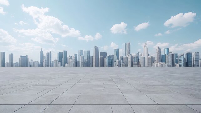 Empty square floor and modern city skyline with buildings under blue sky. City background under beautiful sky