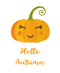 Naklejka premium Hello Autumn - Greeting with hand drawn pumpkin. Suitable for greeting card, banner, label, marketing poster, greeting card.