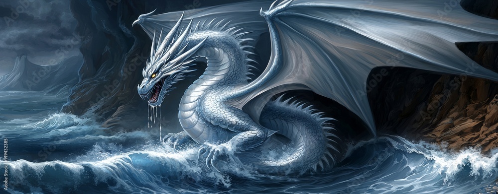 Canvas Prints mythical dragon emerging from the ocean, waves crashing against cliffs, creature with water dripping