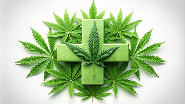 A green cross surrounded by stylized hemp leaves, symbolizing a connection between medical care and cannabis, on a white background with subtle texture.